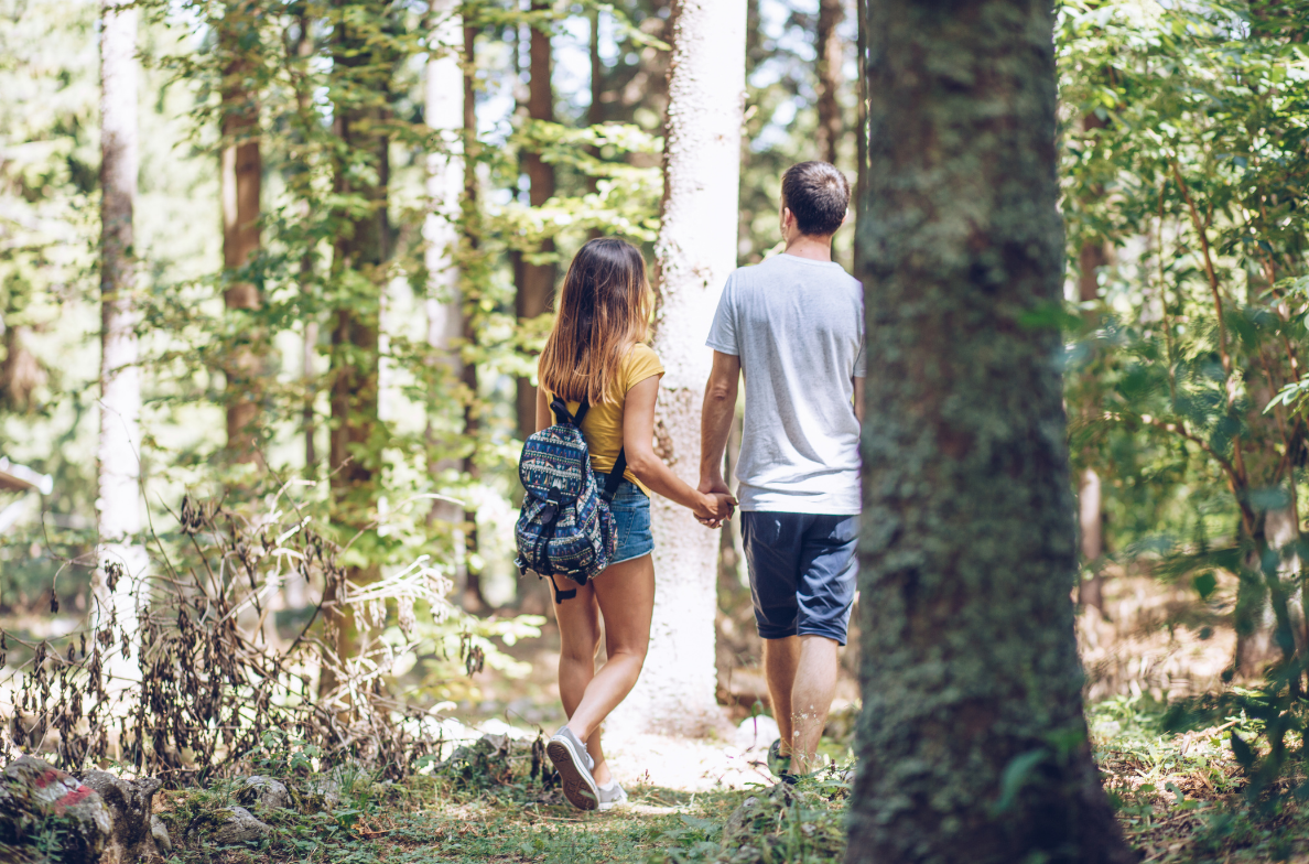 couple holding hands in the woods