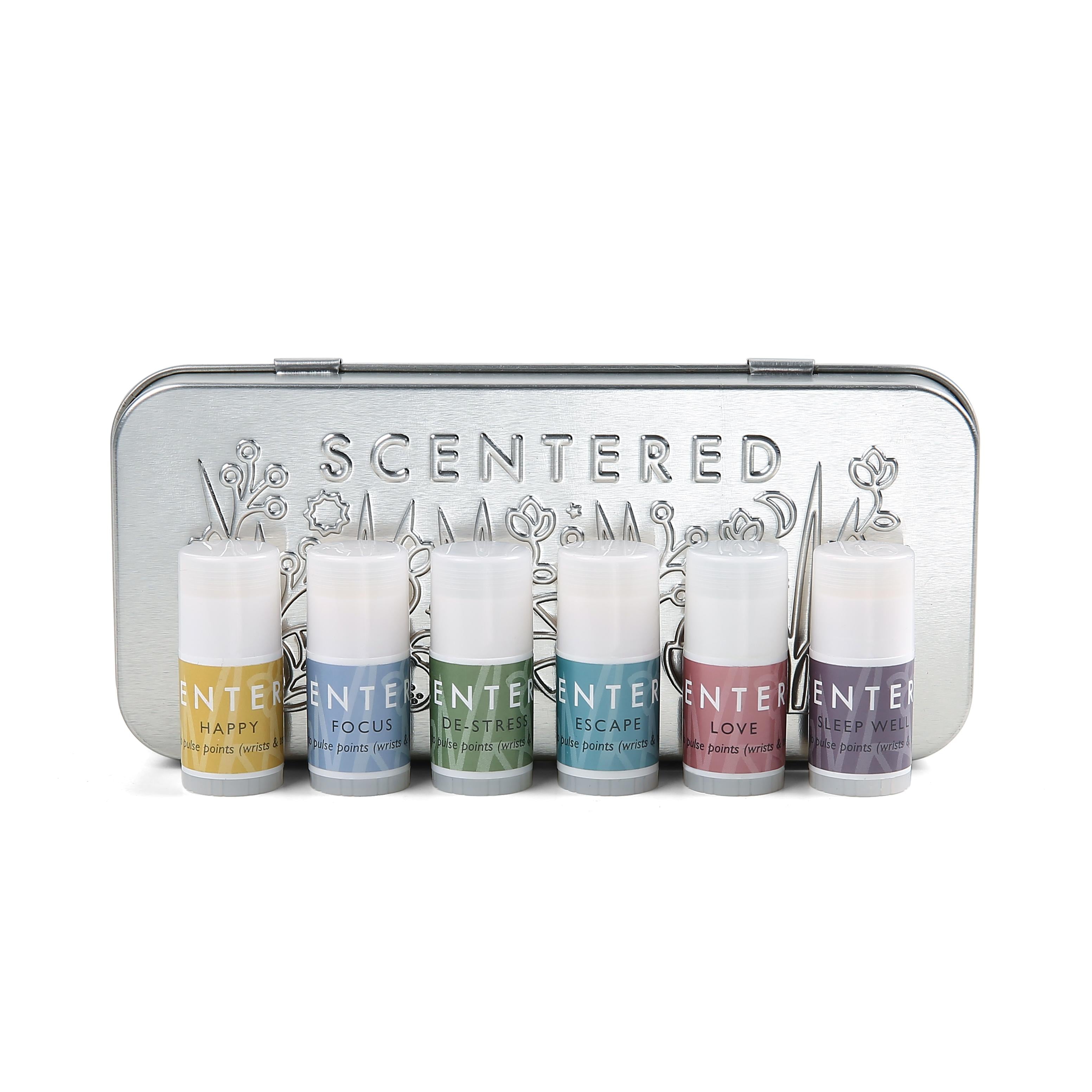 Six mini balms in front of the tin to show different style.