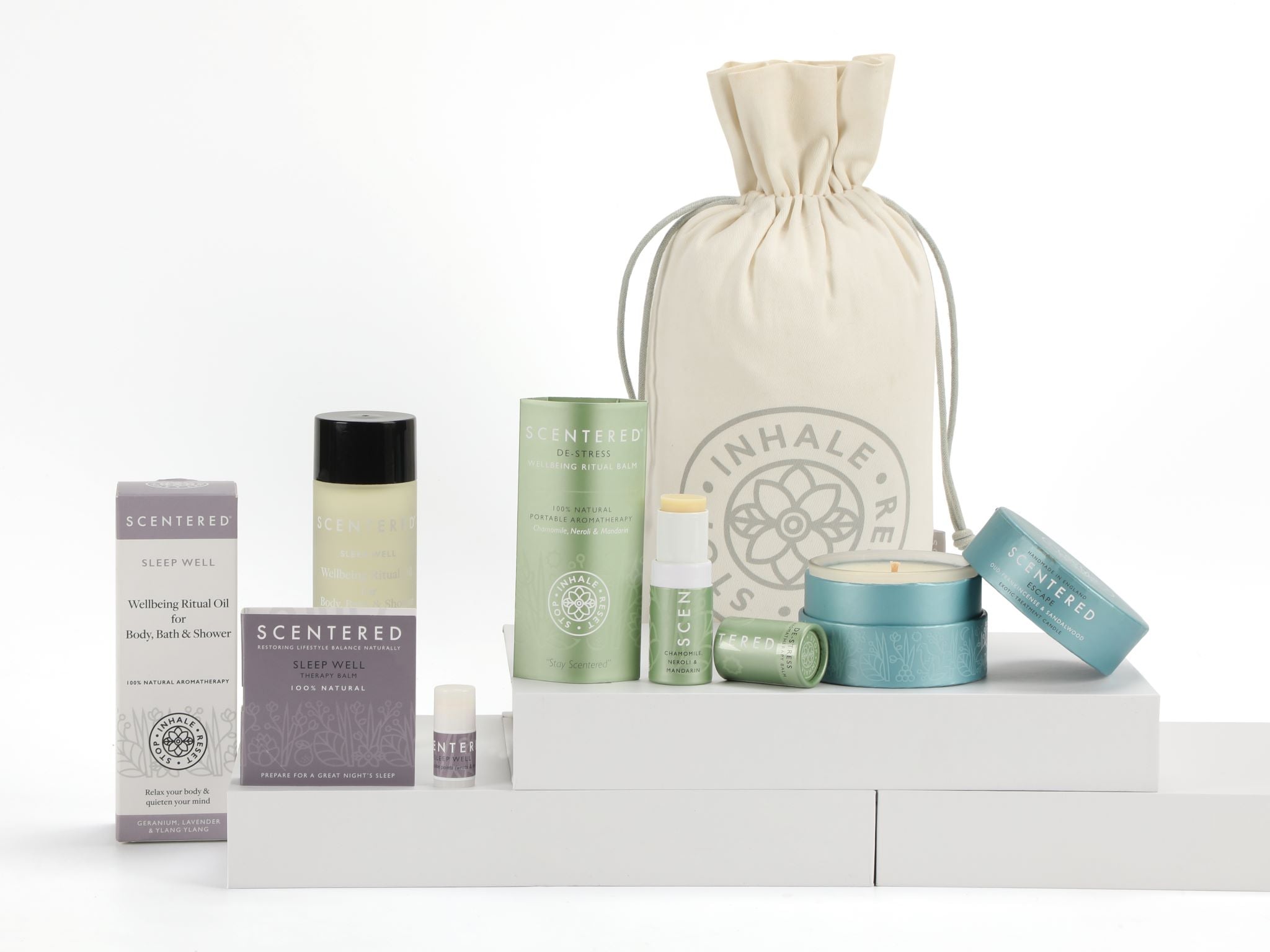 Selection of Scentered products from De-stress, Escape and Sleep Well blends