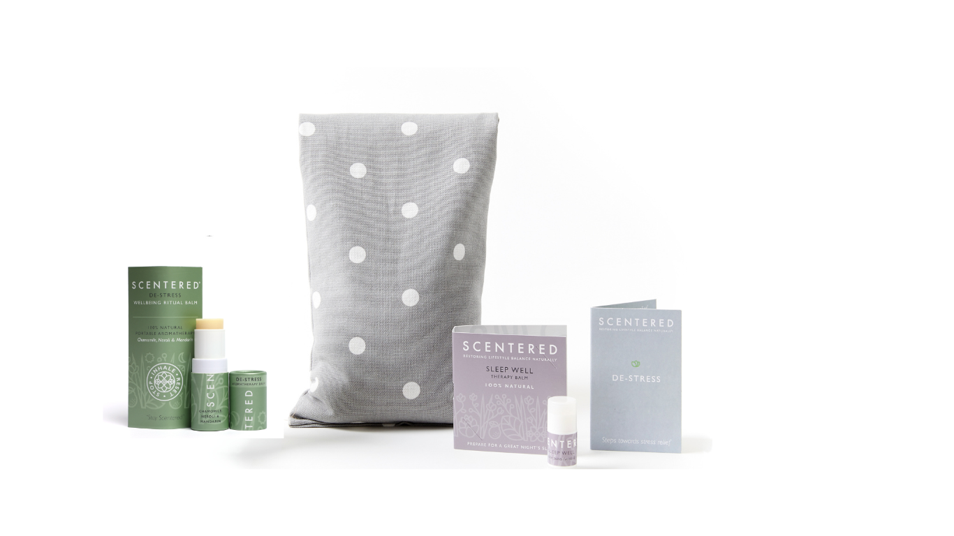 Scentered De-stress Relaxation Set including De-stress Balm, Wheaty bag and Sleep Well mini balm