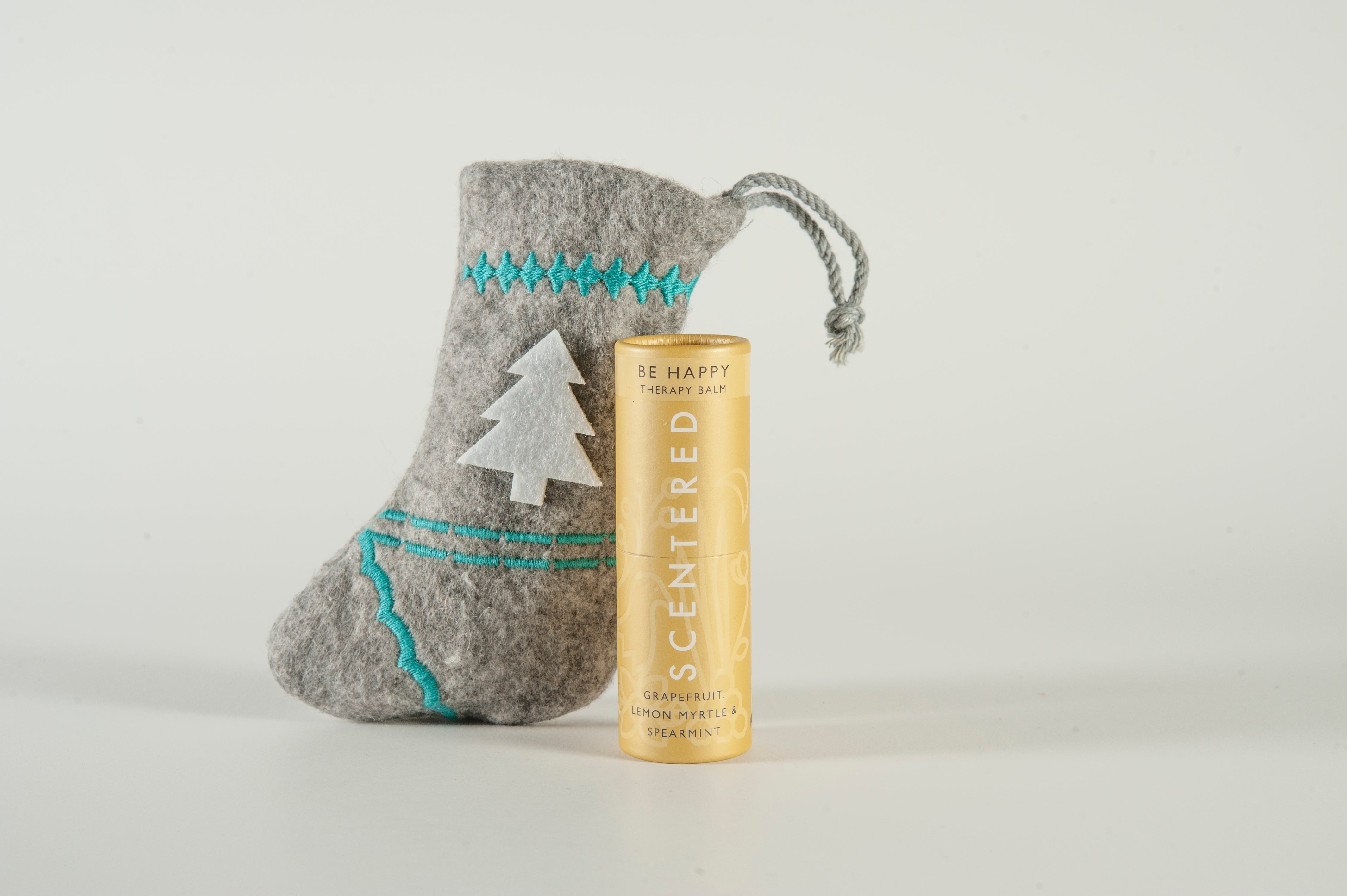 Be Happy balm with stocking,	Boost your mood with our Happy Aromatherapy Balm, designed to uplift and energize.