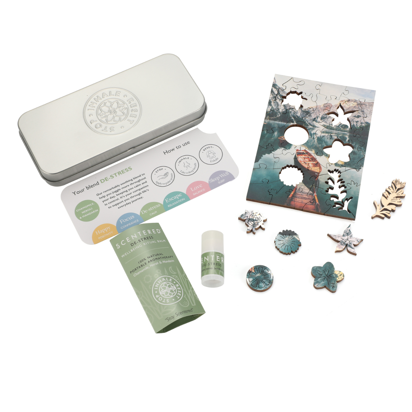 Scentered De-stress Aromatherapy Balm and Puzzle set flat lay image