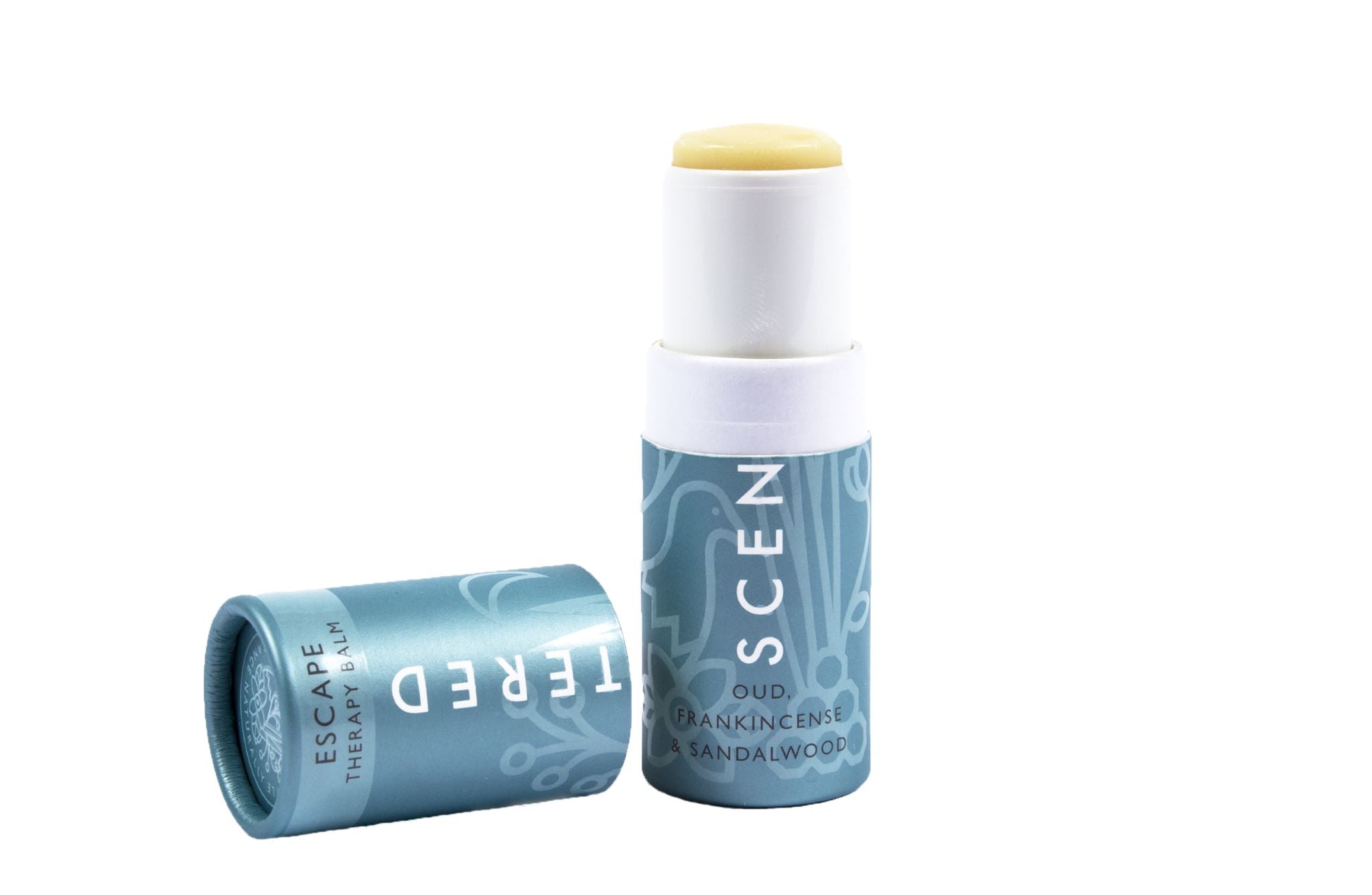 Scentered Escape Balm Packshot with lidoff and balm twisted up