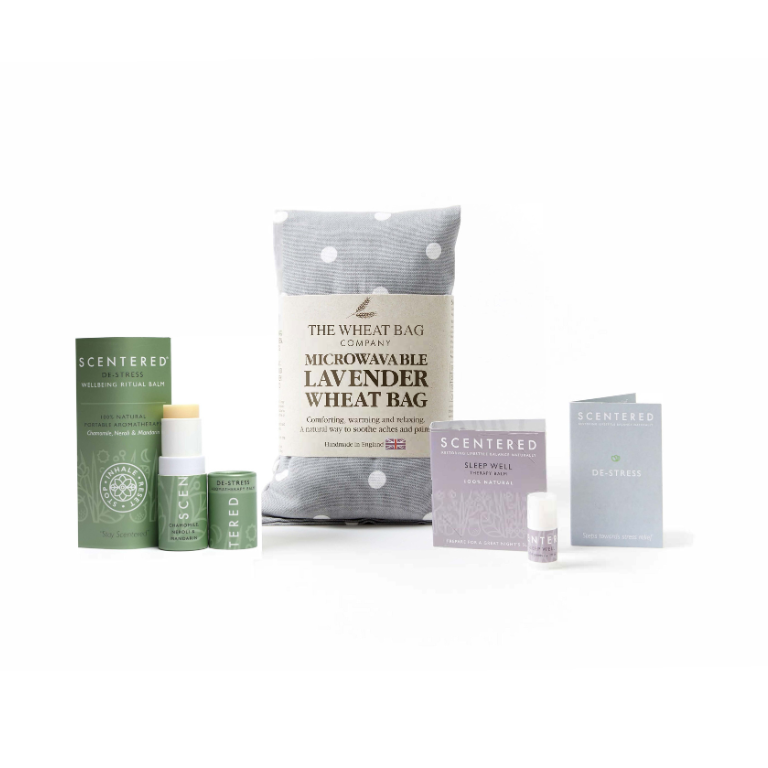 Scentered De-stress Relaxation Set including De-stress Balm, Wheaty bag and Sleep Well mini balm