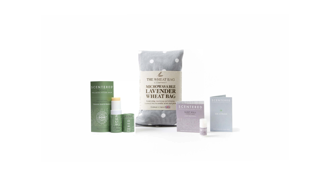 Scentered De-stress Relaxation Set including De-stress Balm, Wheaty bag and Sleep Well mini balm