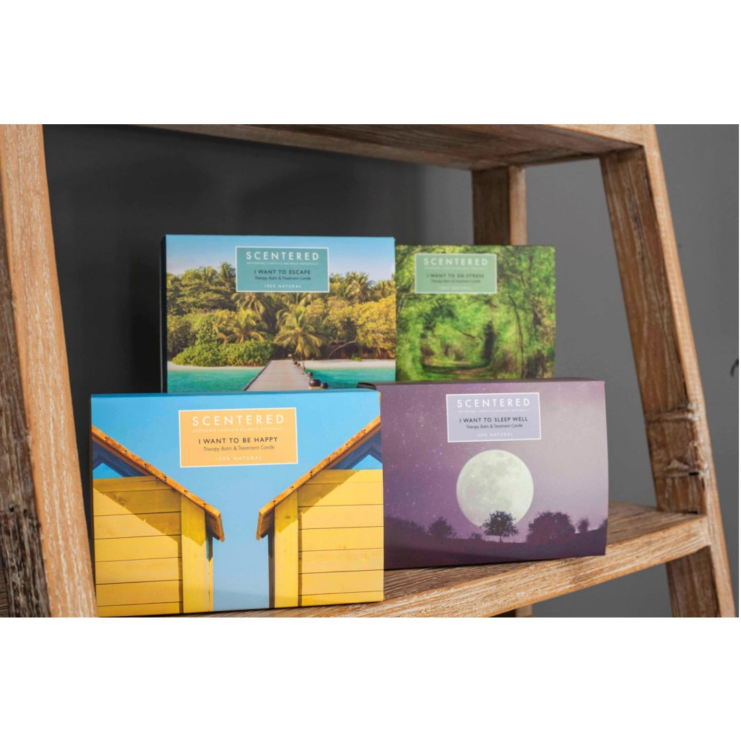 Calming balm set displayed in a wooden stand, designed to promote relaxation and restful sleep.